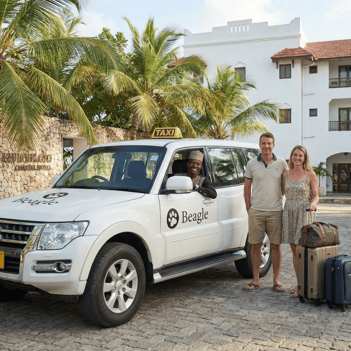Two travellers with their luggage beside a Beagle taxi and its driver outside a Zanzibar hotel.
